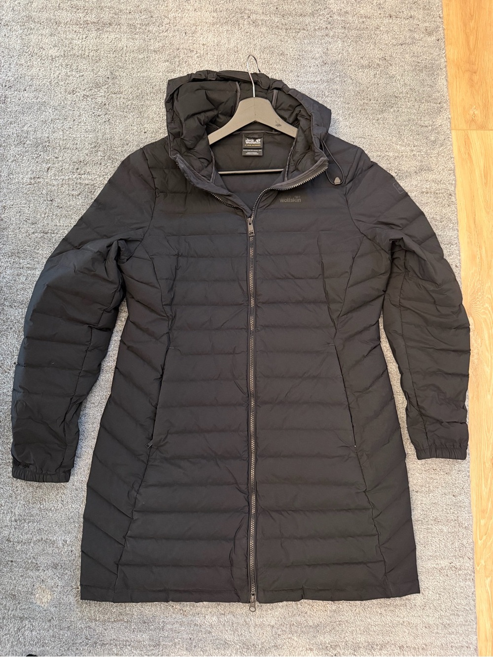 Jack Wolfskin Women's Long Black Hooded Puffer Coat - rain and wind resistant